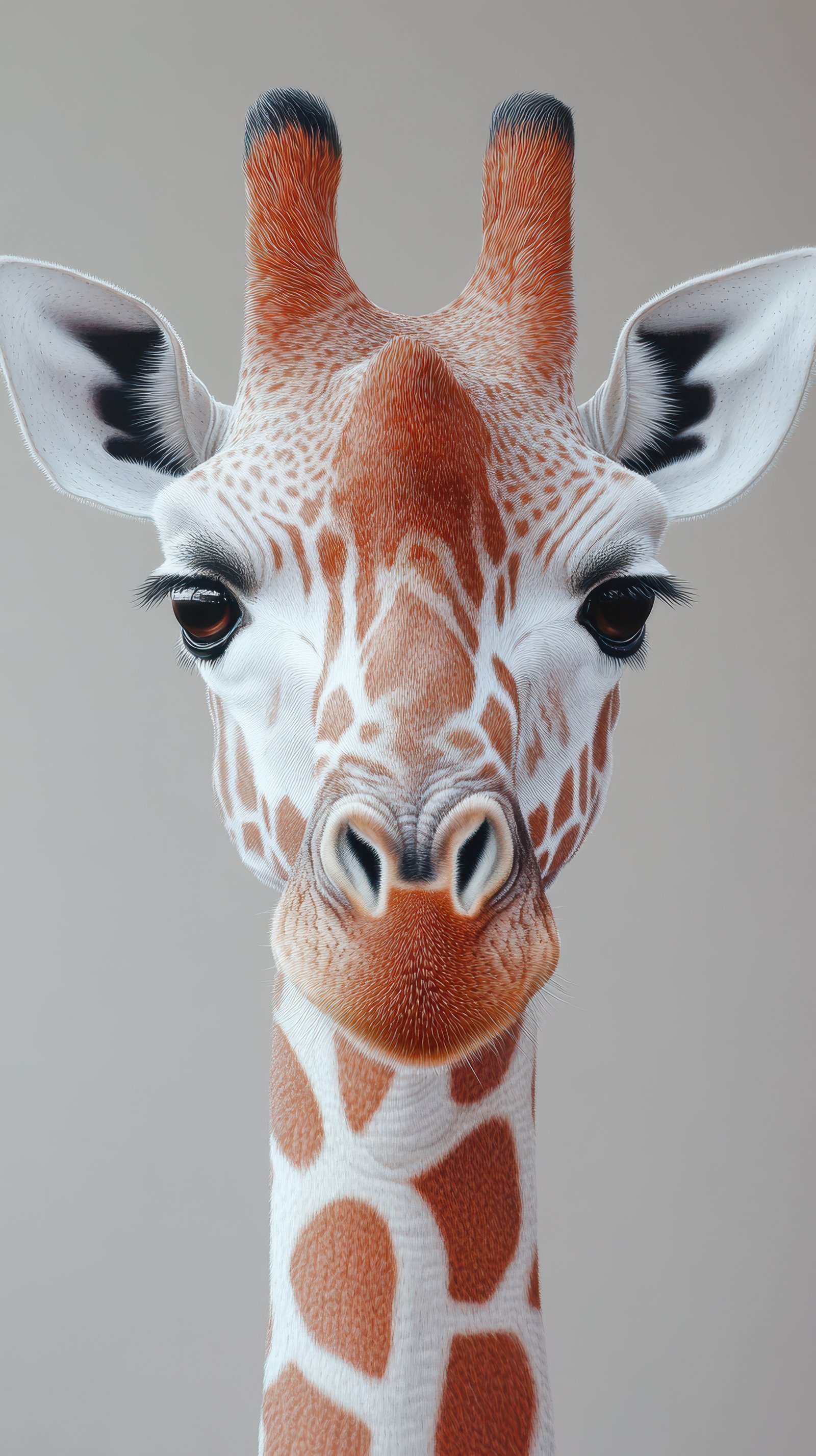 Giraffe portrait with intricate patterns showcasing unique facial features in a neutral background setting